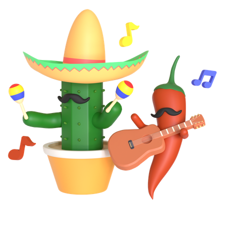 Cactus and red chili pepper playing music  3D Illustration