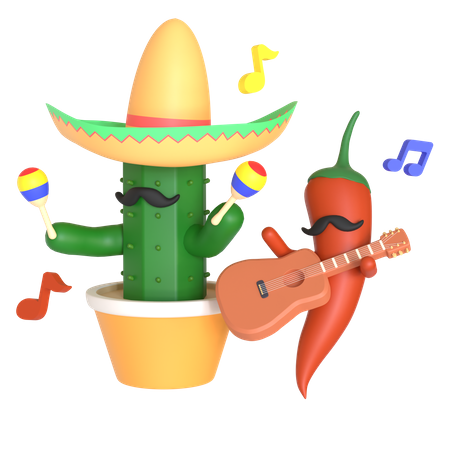 Cactus and red chili pepper playing music 3D Illustration