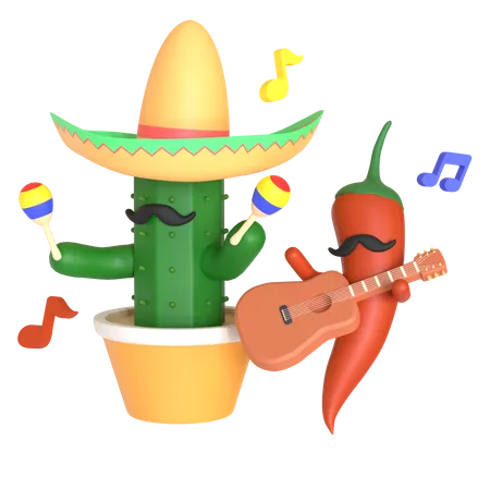 Cactus And Red Chili Pepper Playing Music 3 D Illustration In Transparent Background 3D Illustration