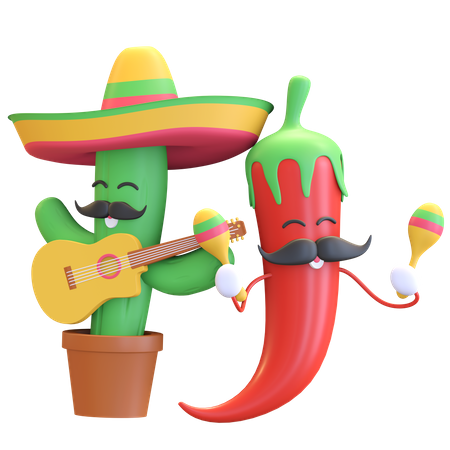 Cactus and red chili playing music 3D Illustration