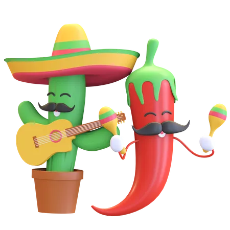 Cactus and red chili playing music  3D Illustration