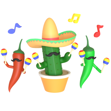 Cactus et piment jouant des maracas  3D Illustration