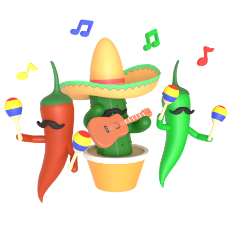 Cactus et piment jouant de la musique  3D Illustration