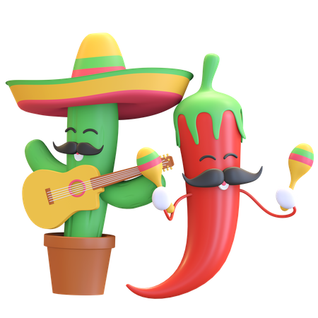 Cactus et piment rouge jouant de la musique  3D Illustration