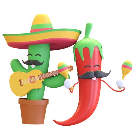 Cactus et piment rouge jouant de la musique  3D Illustration