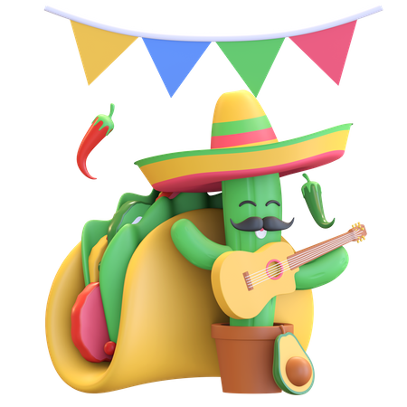 Cactus jouant de la guitare avec taco  3D Illustration