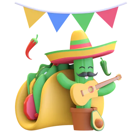 Cactus jouant de la guitare avec taco  3D Illustration