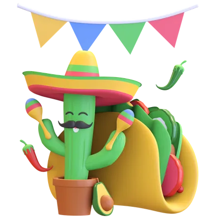 Cactus jouant des maracas avec des tacos  3D Illustration