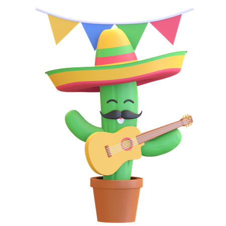 Cactus playing guitar 3D Illustration
