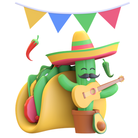 Cactus playing guitar with taco 3D Illustration
