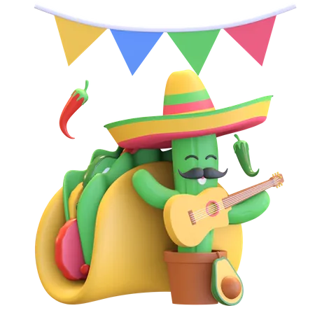 Cactus playing guitar with taco  3D Illustration