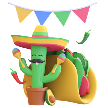 Cactus playing maracas with taco  3D Illustration