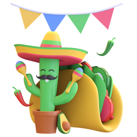 Cactus playing maracas with taco 3D Illustration