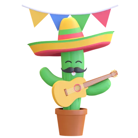 Cactus Tocando La Guitarra Fiesta Mexicana Ilustracion 3 D 3D Illustration