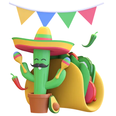 Cactus tocando maracas con taco  3D Illustration