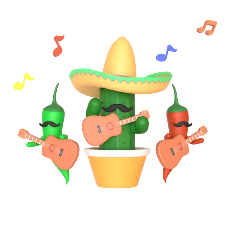 Cactus y ají tocando la guitarra.  3D Illustration