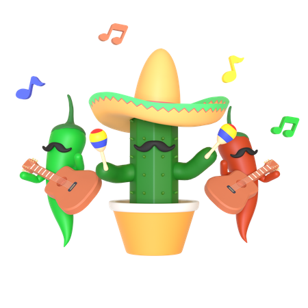 Cactus y ají tocando música.  3D Illustration