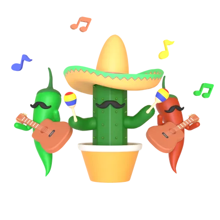 Cactus y ají tocando música.  3D Illustration