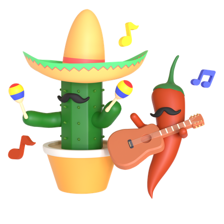 Cactus y ají rojo tocando música.  3D Illustration