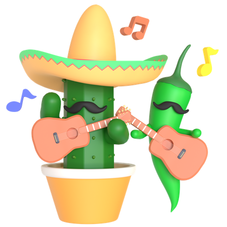 Cactus y ají verde tocando la guitarra  3D Illustration