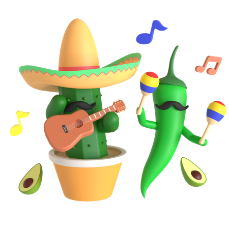 Cactus y ají verde tocando música.  3D Illustration