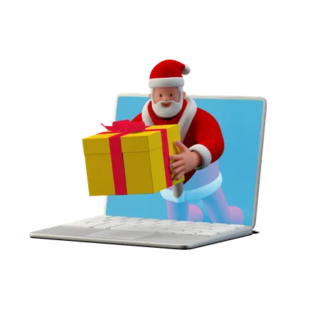 Père Noël offrant un cadeau en ligne depuis un ordinateur portable  3D Illustration