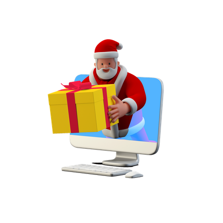 Père Noël offrant un cadeau en ligne depuis un ordinateur  3D Illustration