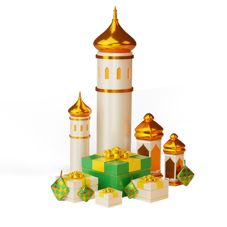 Cadeau Ramadan avec mosquée  3D Illustration