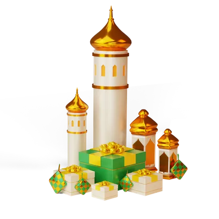 Cadeau Ramadan avec mosquée  3D Illustration