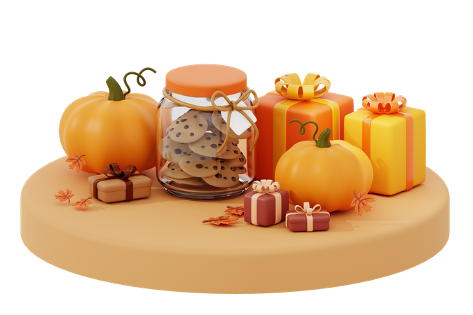 Cadeau d'automne et biscuits au dessus du podium  3D Icon