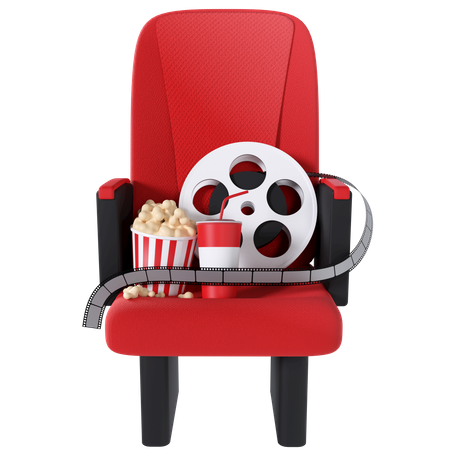 Cadeira de cinema com pipoca e rolo de filme  3D Illustration