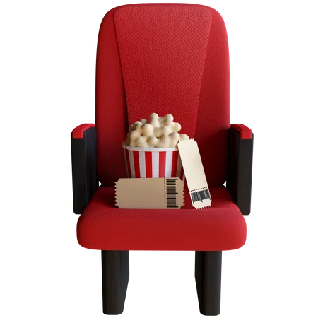 Cadeira de cinema com pipoca e ingresso de cinema  3D Illustration