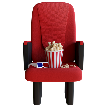 Cadeira de cinema com pipoca e óculos 3 D  3D Illustration