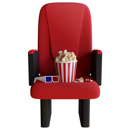 Cadeira de cinema com pipoca e óculos 3 D  3D Illustration