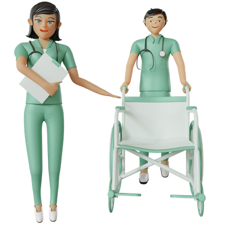 Profissional de saúde apontando cadeira de rodas  3D Illustration