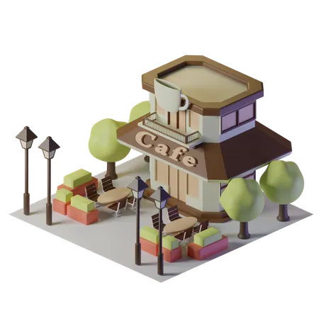 Cafe Isometric Building With Two Tables In Front And Trees And Street Lights 3D Illustration