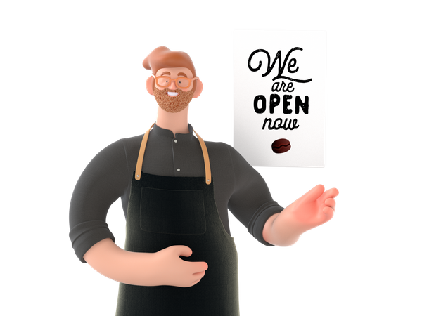 Cafe owner showing we are open  3D Illustration