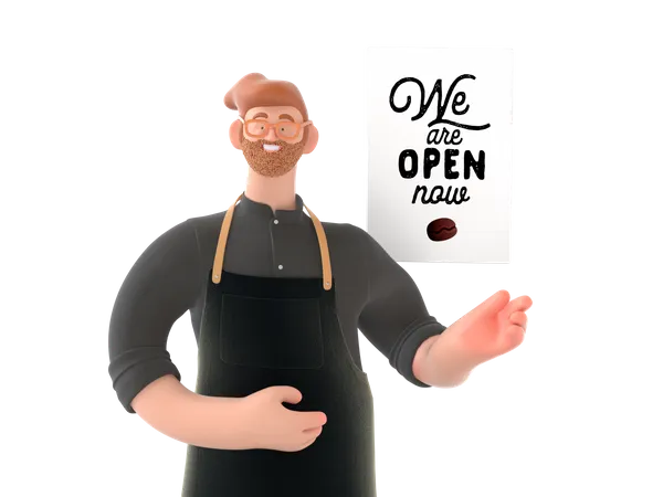 Cafe owner showing we are open  3D Illustration