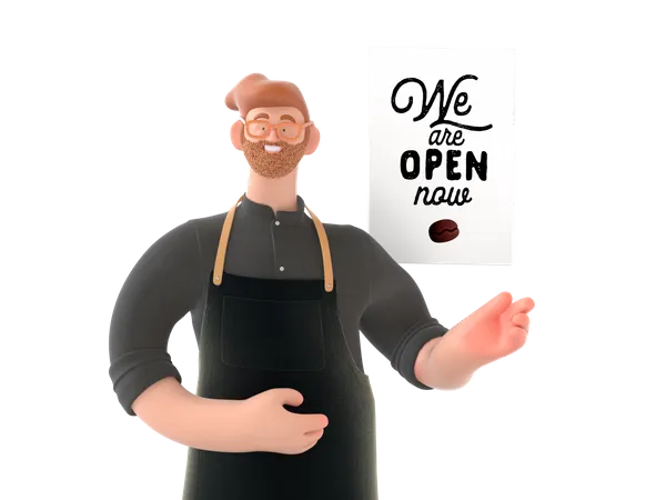 Cafébesitzer zeigt, dass wir geöffnet haben  3D Illustration