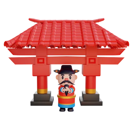 Cai Shen at temple  3D Illustration