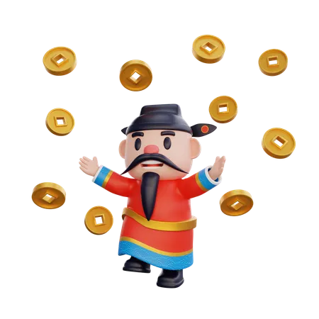 Cai Shen avec des pièces de monnaie  3D Illustration