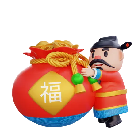 Cai Shen avec un sac d'argent  3D Illustration