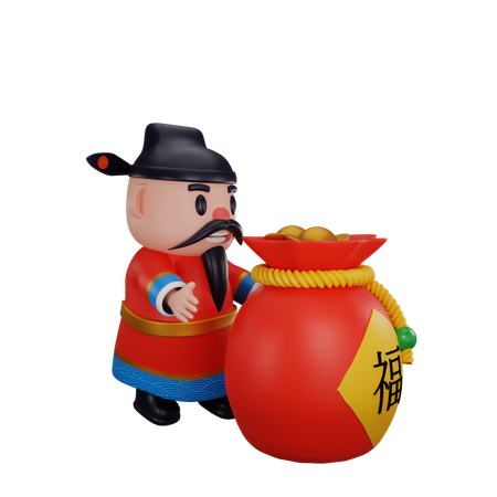 Cai Shen avec un sac de fortune  3D Illustration