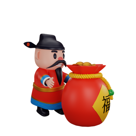 Cai shen com bolsa da fortuna  3D Illustration