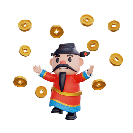 Cai Shen con monedas  3D Illustration