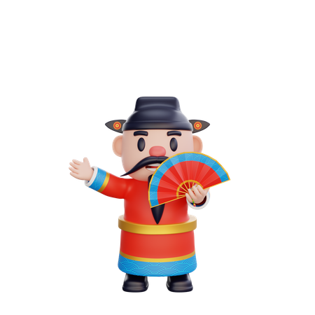 Cai Shen holding hand fan  3D Illustration