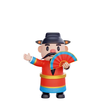 Cai Shen holding hand fan  3D Illustration