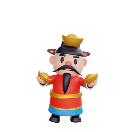 Cai Shen holding ingot  3D Illustration