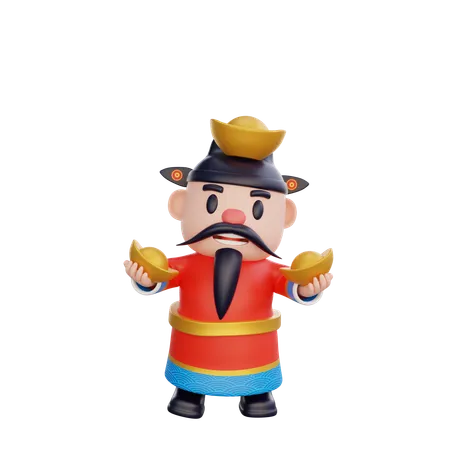 Cai Shen holding ingot  3D Illustration