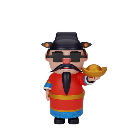 Cai Shen Holding Ingot  3D Illustration